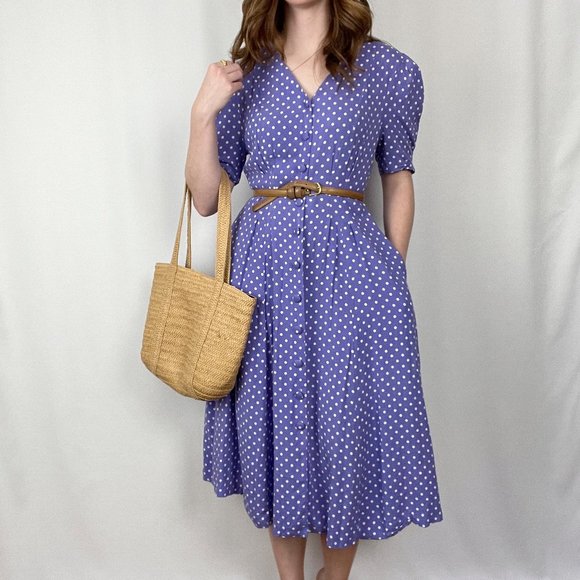 Vintage Dresses & Skirts - Vintage Cottagecore Puff Sleeve Button Up Pleated Midi Short Sleeve Summer Dress